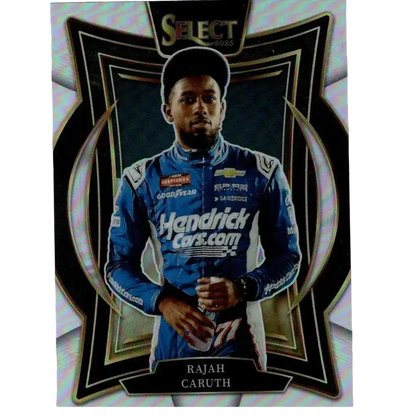 Blue and white rajah caruth nascar racing suit on glossy panini select 2025 trading card with sponsor logos