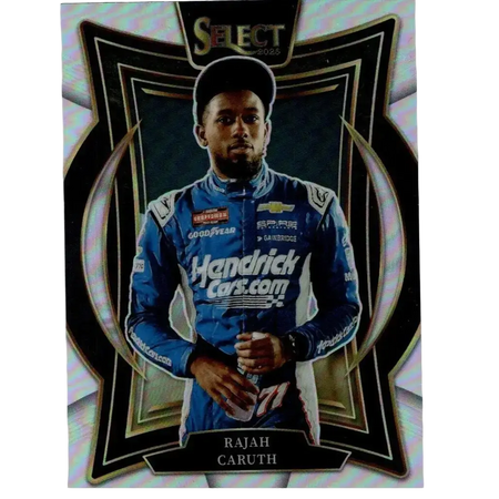 Blue and white rajah caruth nascar racing suit on glossy panini select 2025 trading card with sponsor logos