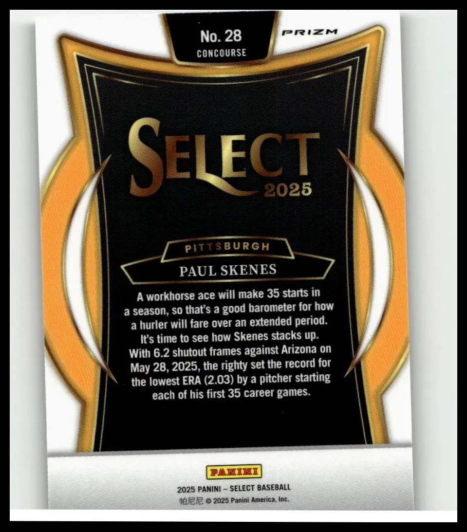 Black and gold 2025 panini select baseball trading card featuring paul skenes green flash prizms #28