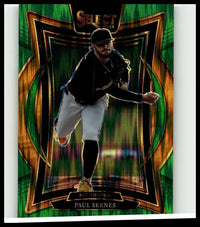 A shimmering green and gold 2025 panini select #28 paul skenes green flash prizms baseball trading card in pitching stance