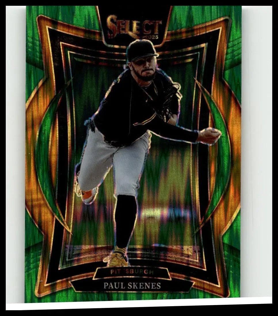 A shimmering green and gold 2025 panini select #28 paul skenes green flash prizms baseball trading card in pitching stance