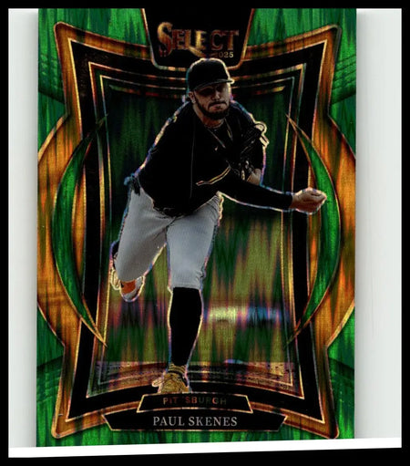 A shimmering green and gold 2025 panini select #28 paul skenes green flash prizms baseball trading card in pitching stance