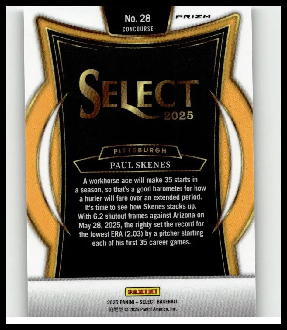 Black and gold 2025 panini select baseball card featuring paul skenes silver prizms with prizm finish
