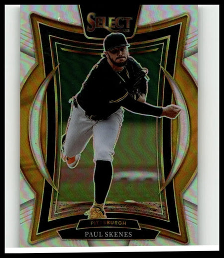 2025 Panini Select gold and black baseball card featuring Paul Skenes silver prizms mid-pitch in Pittsburgh Pirates uniform