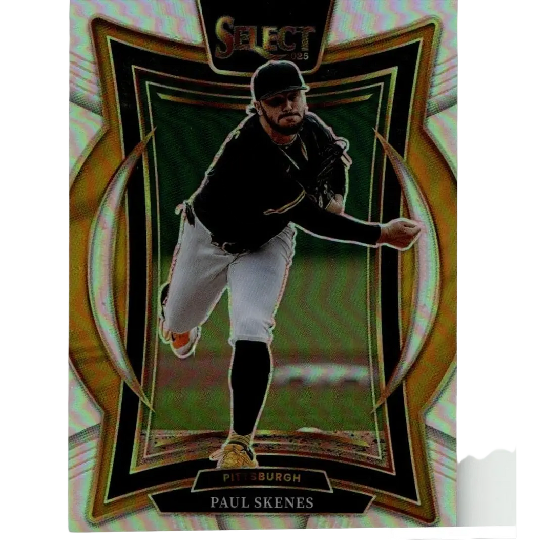Gold and black framed 2025 panini select #28 paul skenes silver prizms baseball trading card showing mid-throw action