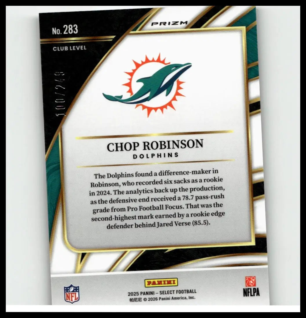 2025 panini select chop robinson football trading card with black gold teal colors and prizm finish numbered to 249