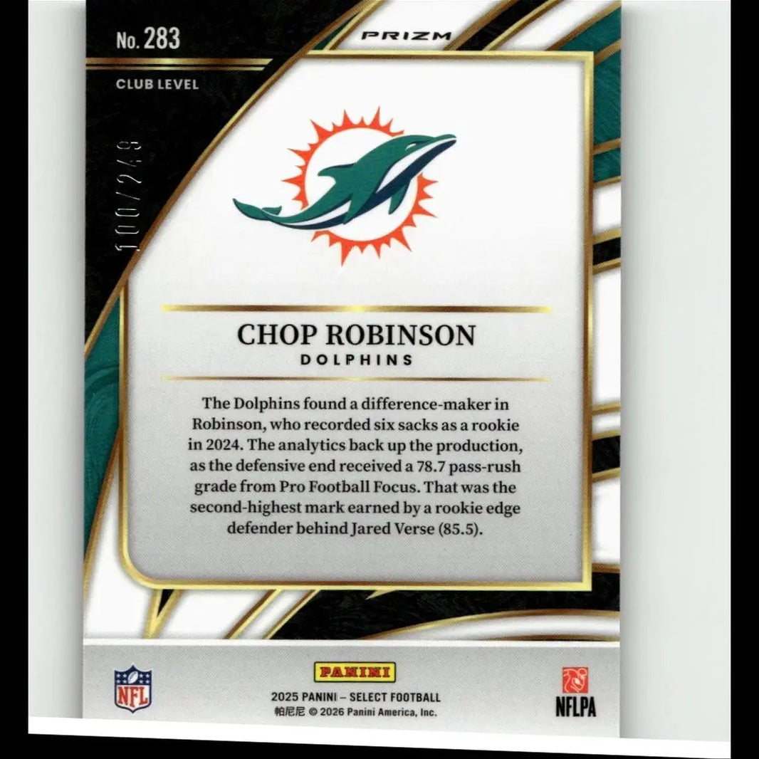 A sleek white panini select football card with gold borders featuring chop robinson and the miami dolphins logo