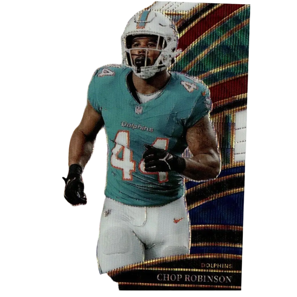 2025 panini select tri-color prizm football card featuring miami dolphins chop robinson in teal jersey 44
