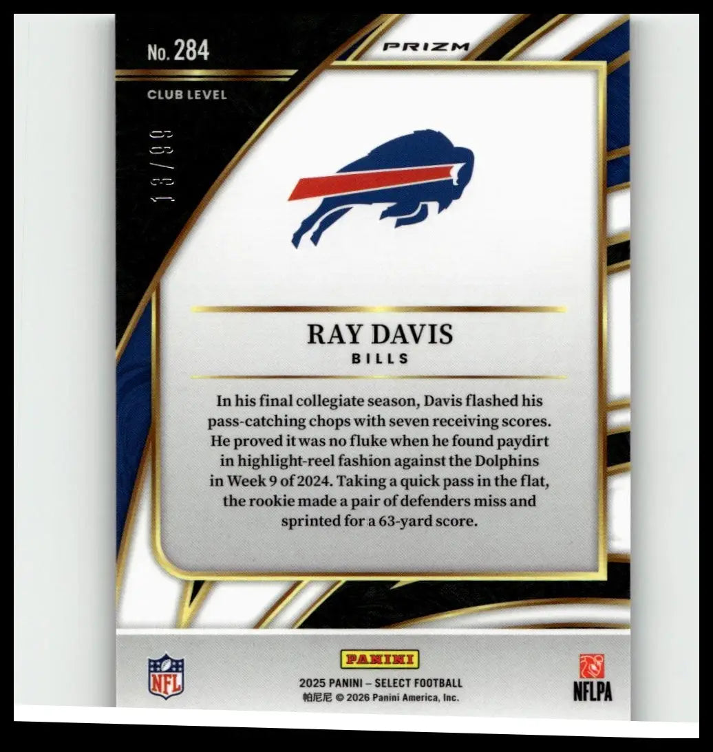2025 panini select football trading card featuring ray davis blue prizm with buffalo bills logo and gold accents number 284