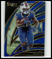 Blue and white buffalo bills football player ray davis in action on 2025 panini select ray davis blue prizm card