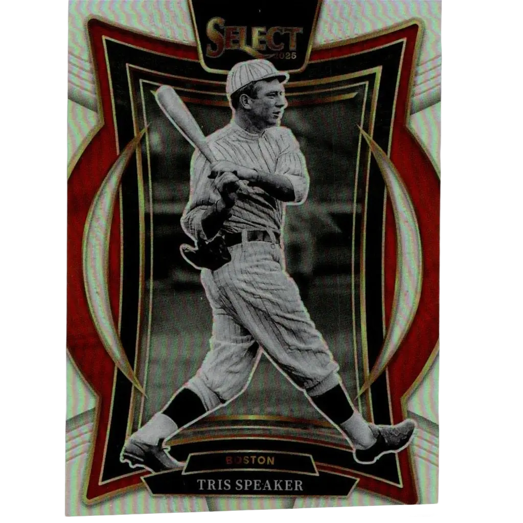 A black-and-white tris speaker silver baseball card with ornate red and gold panini select border from 2025 panini select