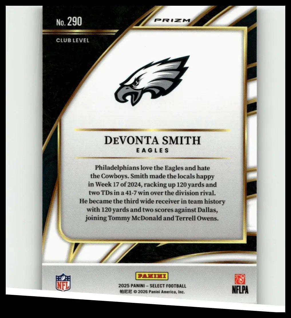 Black and gold 2025 panini select devonta smith silver prizm trading card featuring philadelphia eagles icon