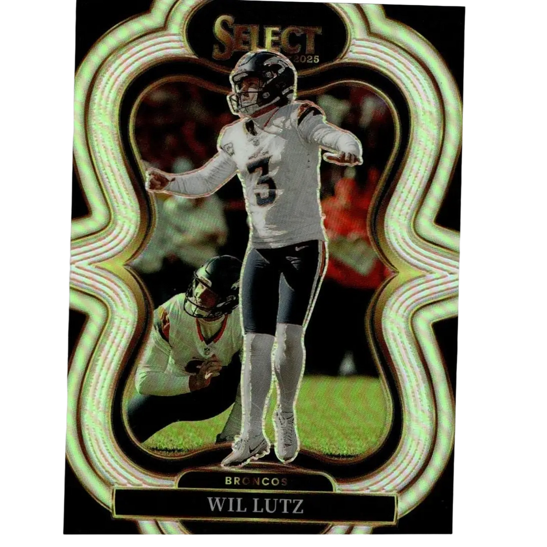 2025 panini select football card 312 featuring wil lutz silver prizm in white jersey with ornate gold green border