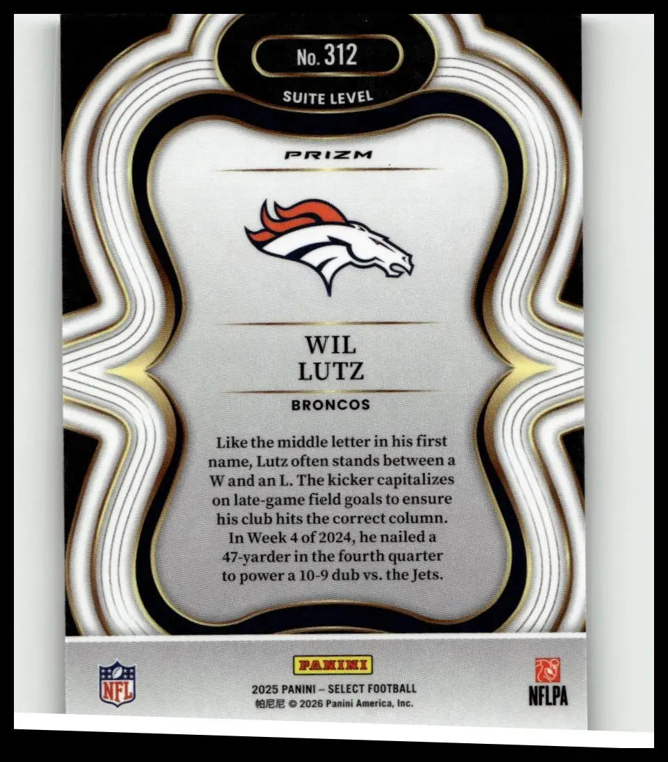 Silver and black 2025 panini select wil lutz silver prizm football card with denver broncos logo and gold accents