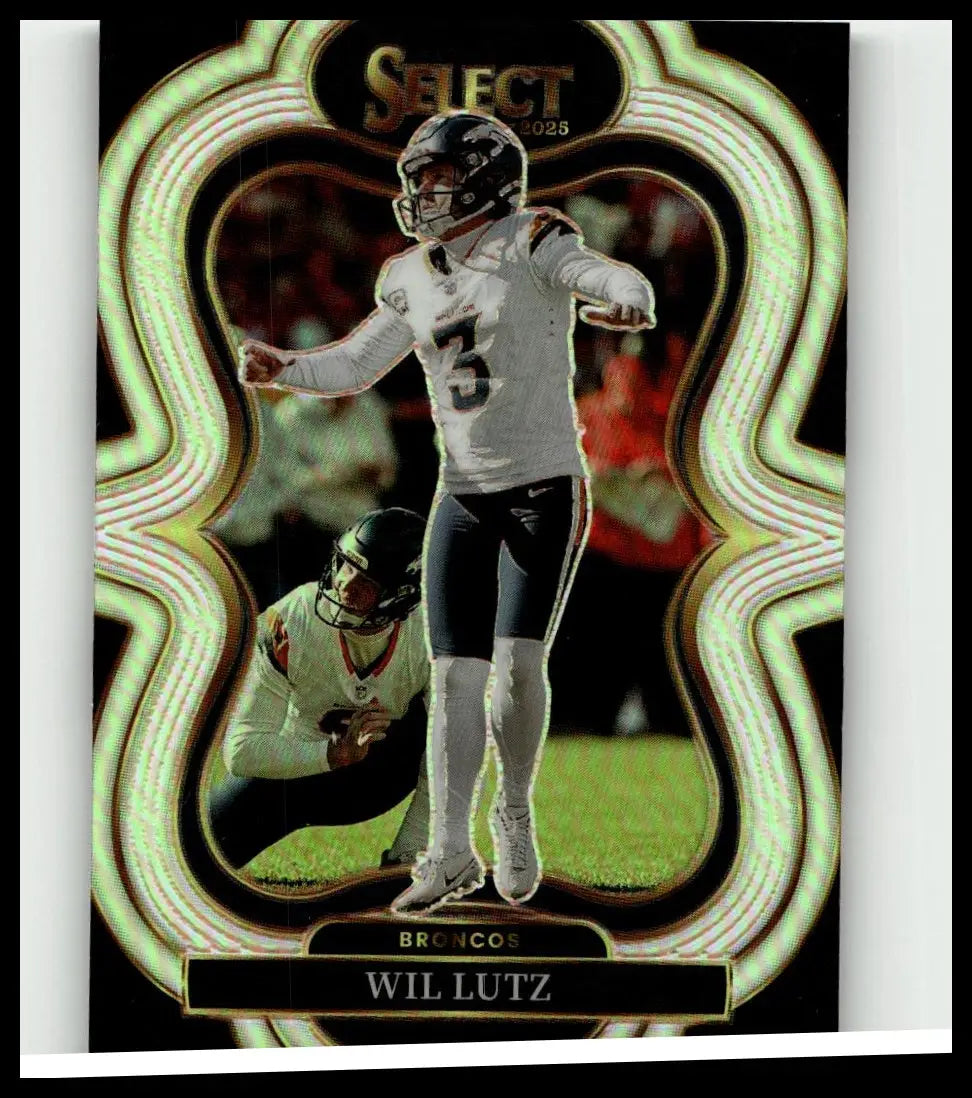 2025 panini select #312 wil lutz silver prizm football trading card featuring lutz in white broncos jersey with gold green border