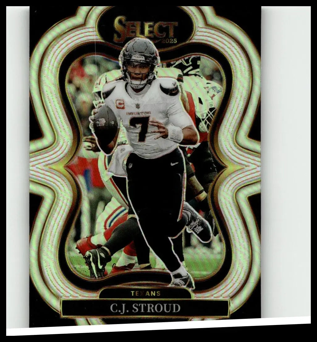 2025 panini select football trading card featuring c.j. stroud silver prizm with silver holographic finish