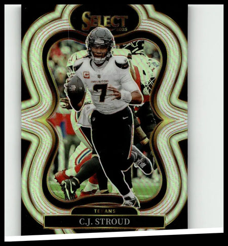 2025 panini select football trading card featuring c.j. stroud silver prizm with silver holographic finish