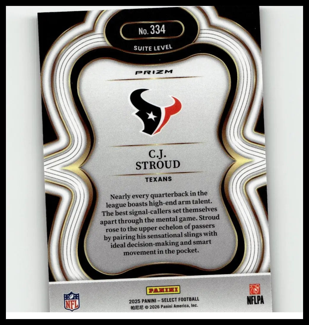 Silver and black stroud silver prizm football trading card featuring houston texans logo from 2025 panini select