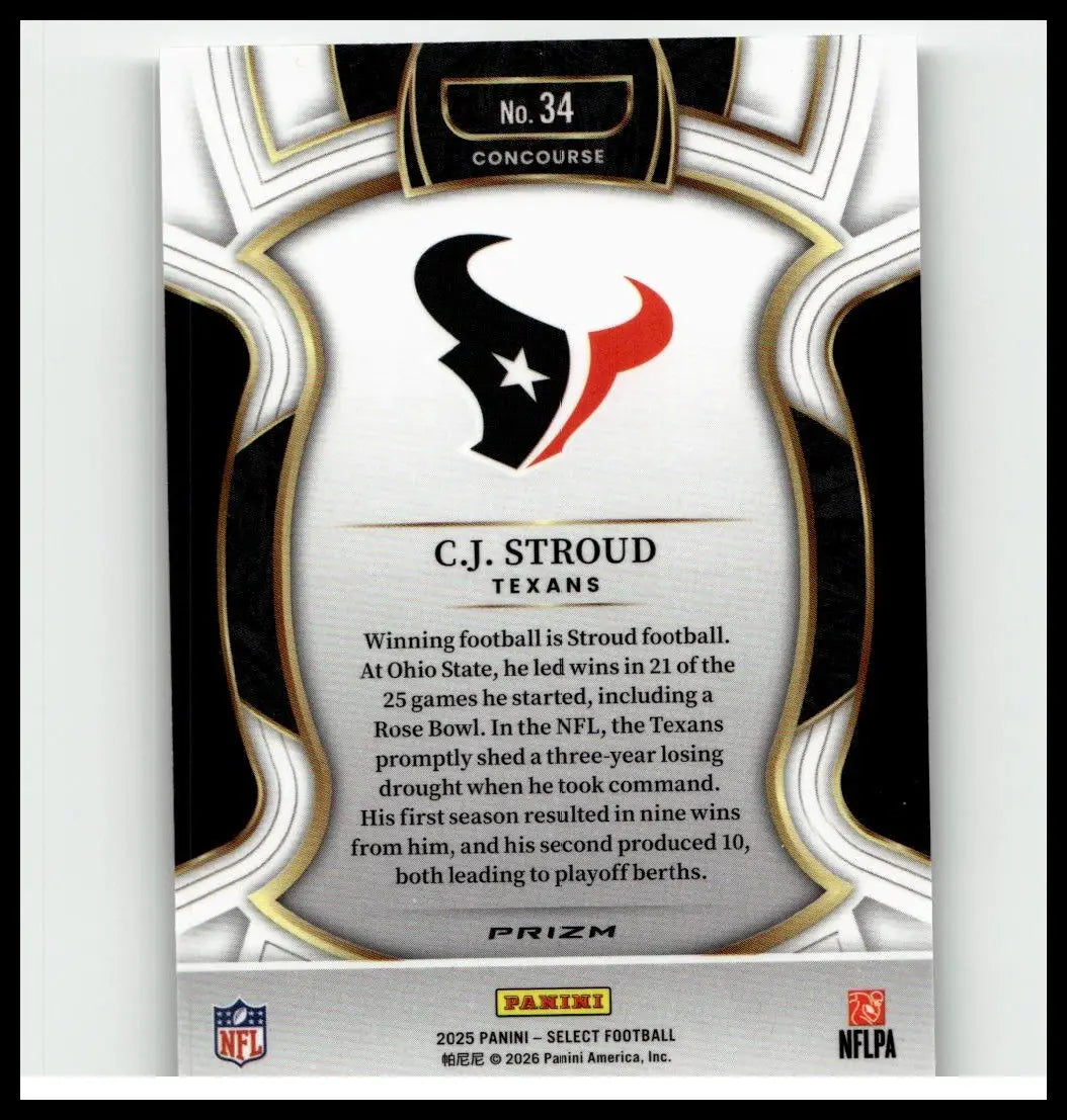 Silver and black nfl trading card featuring houston texans logo from 2025 panini select stroud silver prizm series