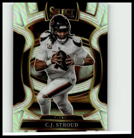 A glossy iridescent 2025 panini select stroud silver prizm football trading card featuring c.j. stroud number 34