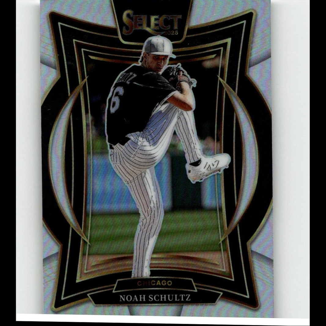 Black and white pinstripe baseball card featuring pitcher noah schultz in a chicago uniform, framed with an iridescent silver border.