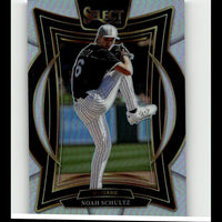 Black and white pinstripe baseball card featuring pitcher noah schultz in a chicago uniform, framed with an iridescent silver border.