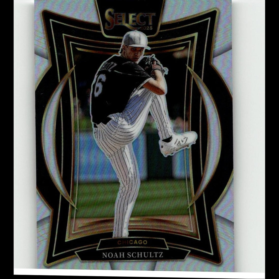 Black and white pinstripe baseball card featuring pitcher noah schultz in a chicago uniform, framed with an iridescent silver border.