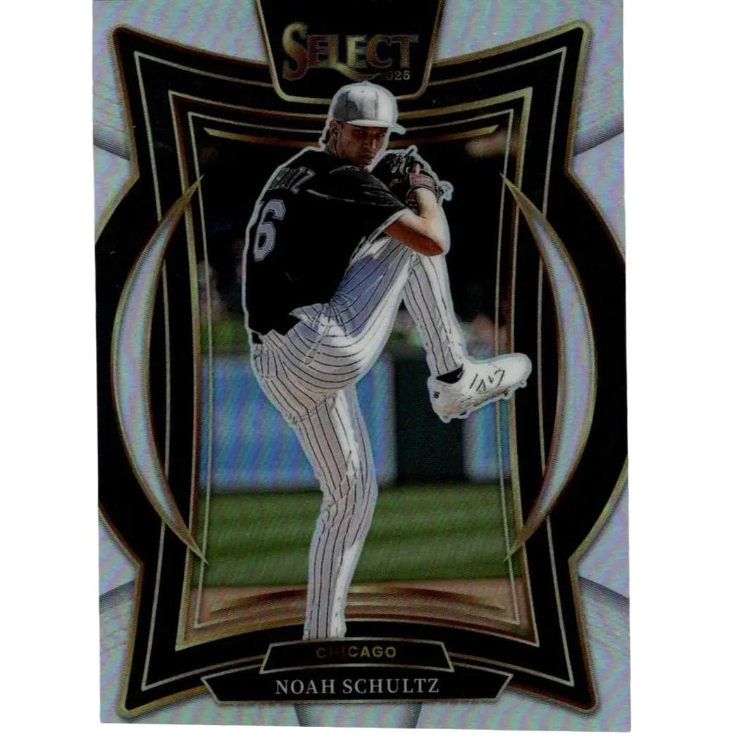 Black and white pinstripe baseball card featuring pitcher noah schultz in a chicago uniform, framed with an iridescent silver border.