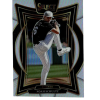 Black and white pinstripe baseball card featuring pitcher noah schultz in a chicago uniform, framed with an iridescent silver border.