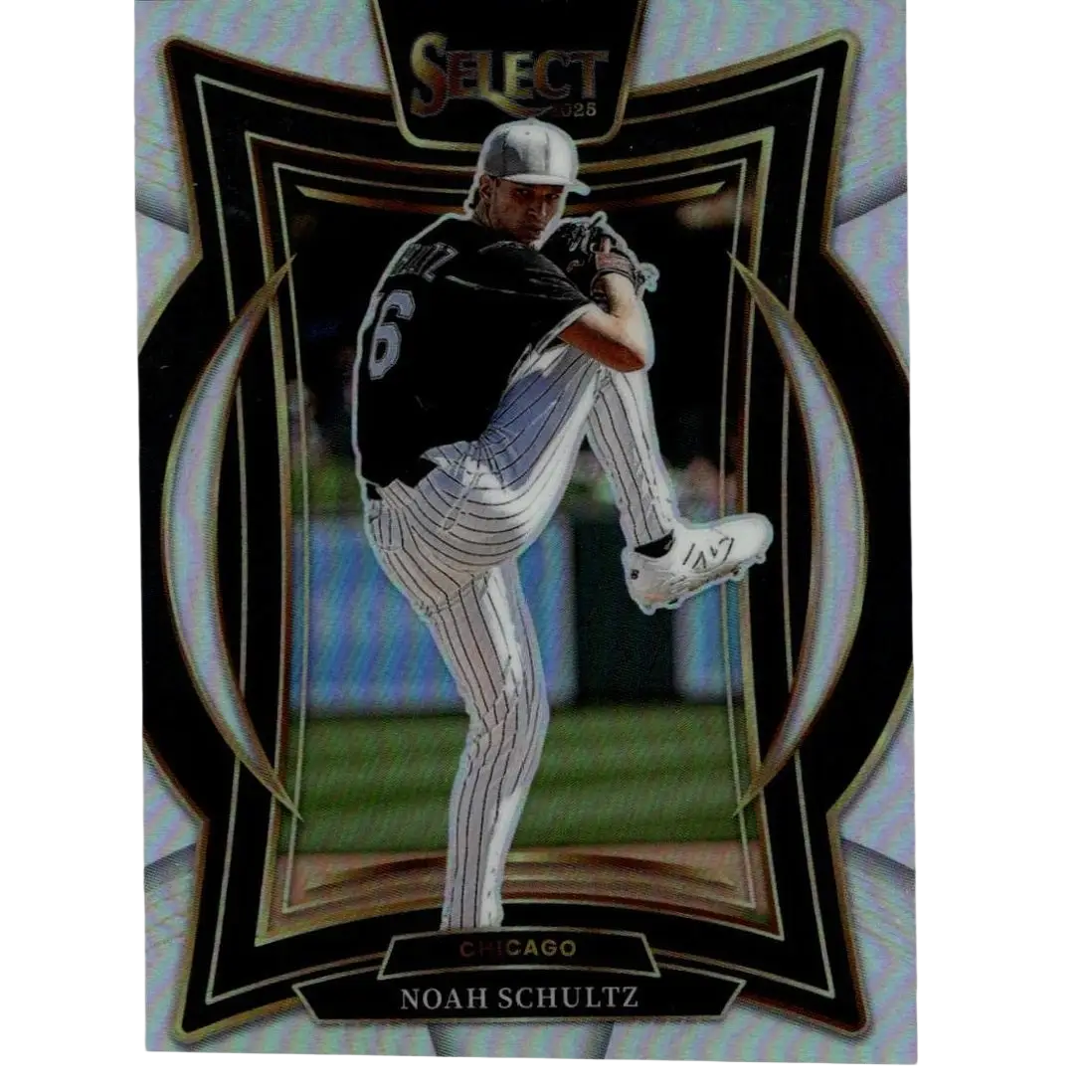 Black and white pinstripe baseball card featuring pitcher noah schultz in a chicago uniform, framed with an iridescent silver border.
