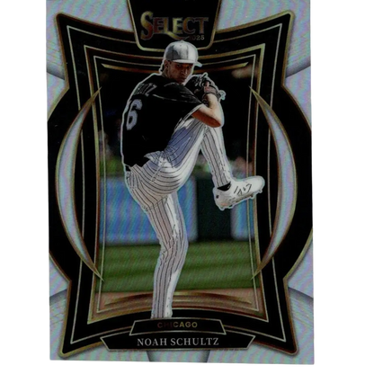Black and white pinstripe baseball card featuring pitcher noah schultz in a chicago uniform, framed with an iridescent silver border.