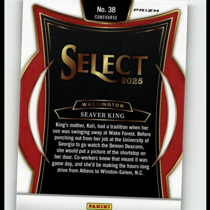 Black and red prizm select 2025 baseball card featuring washington seaver king with gold foil lettering.