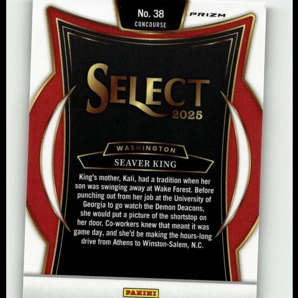 Black and red prizm select 2025 baseball card featuring washington seaver king with gold foil lettering.