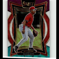 Red and silver baseball trading card featuring seaver king in a red uniform with gold-trimmed design.