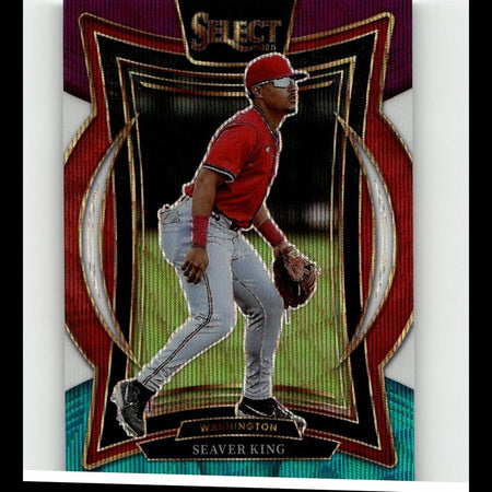 Red and silver baseball trading card featuring seaver king in a red uniform with gold-trimmed design.
