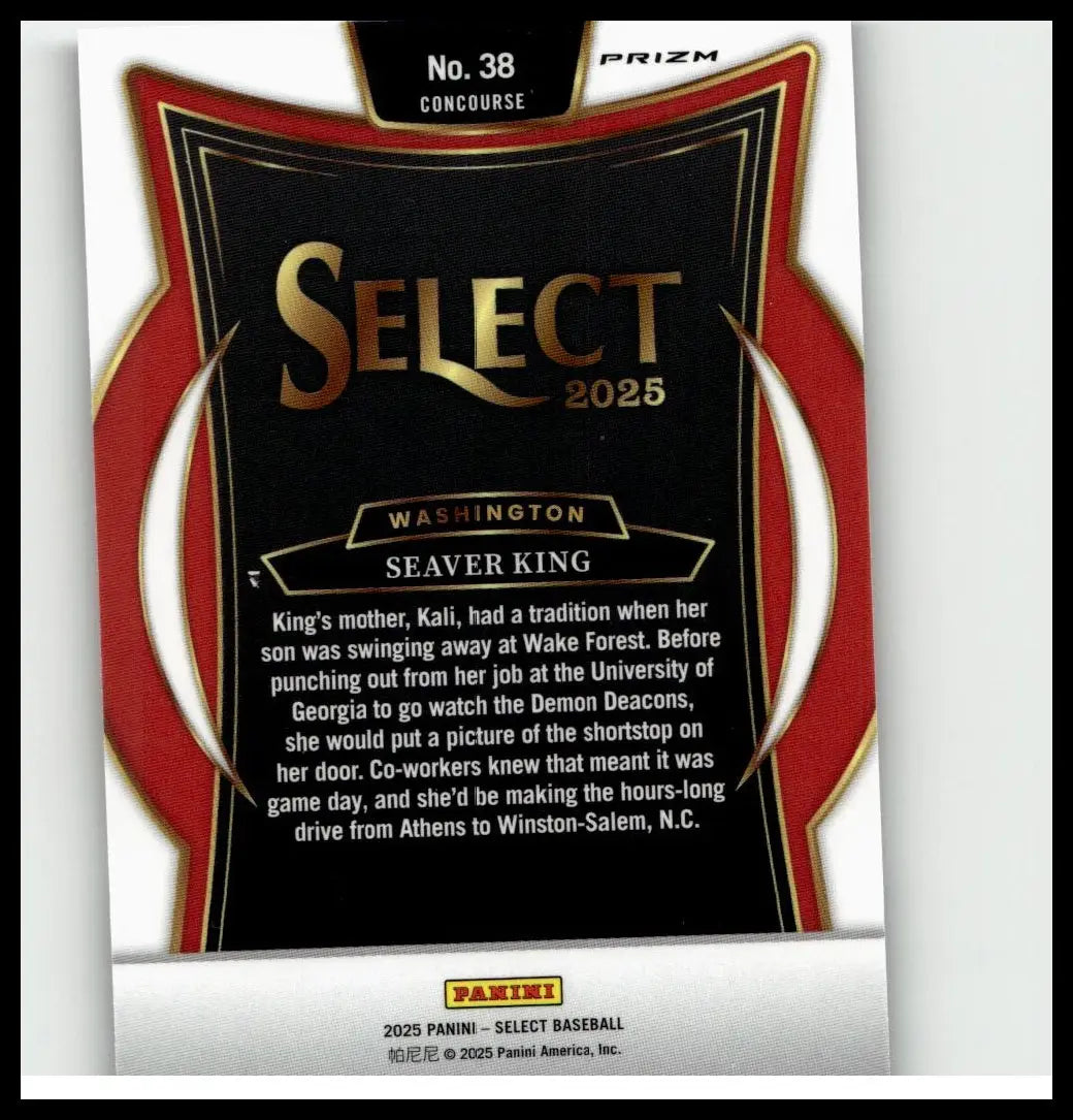 Black and red panini select 2025 baseball trading card with gold foil lettering featuring seaver king and tri-color prizms