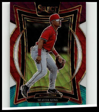 Red and gold-bordered panini select baseball trading card featuring seaver king in red uniform with tri-color prizms effect
