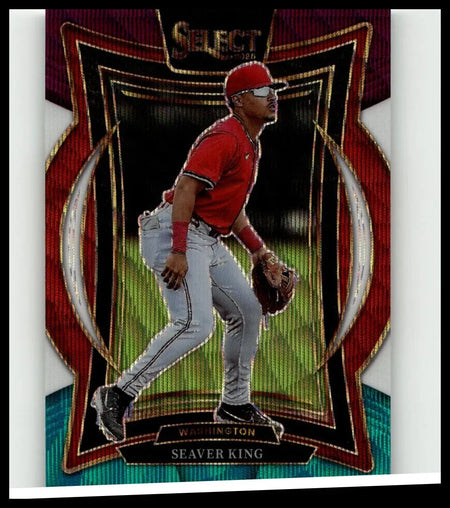 Red and gold-bordered panini select baseball trading card featuring seaver king in red uniform with tri-color prizms effect