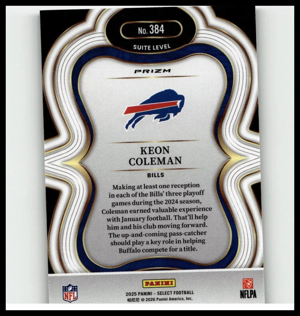 Silver and black 2025 panini select keon coleman silver prizm trading card with buffalo bills logo and gold-trimmed borders