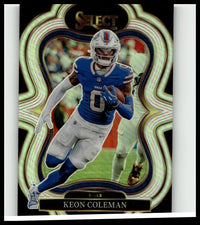 2025 panini select 384 keon coleman silver prizm football card showing blue and white buffalo bills player in action
