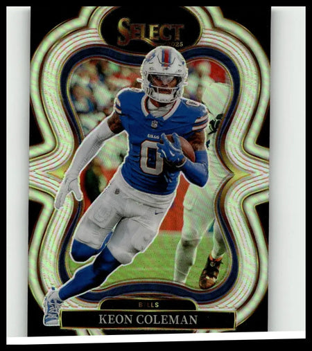 2025 panini select 384 keon coleman silver prizm football card showing blue and white buffalo bills player in action
