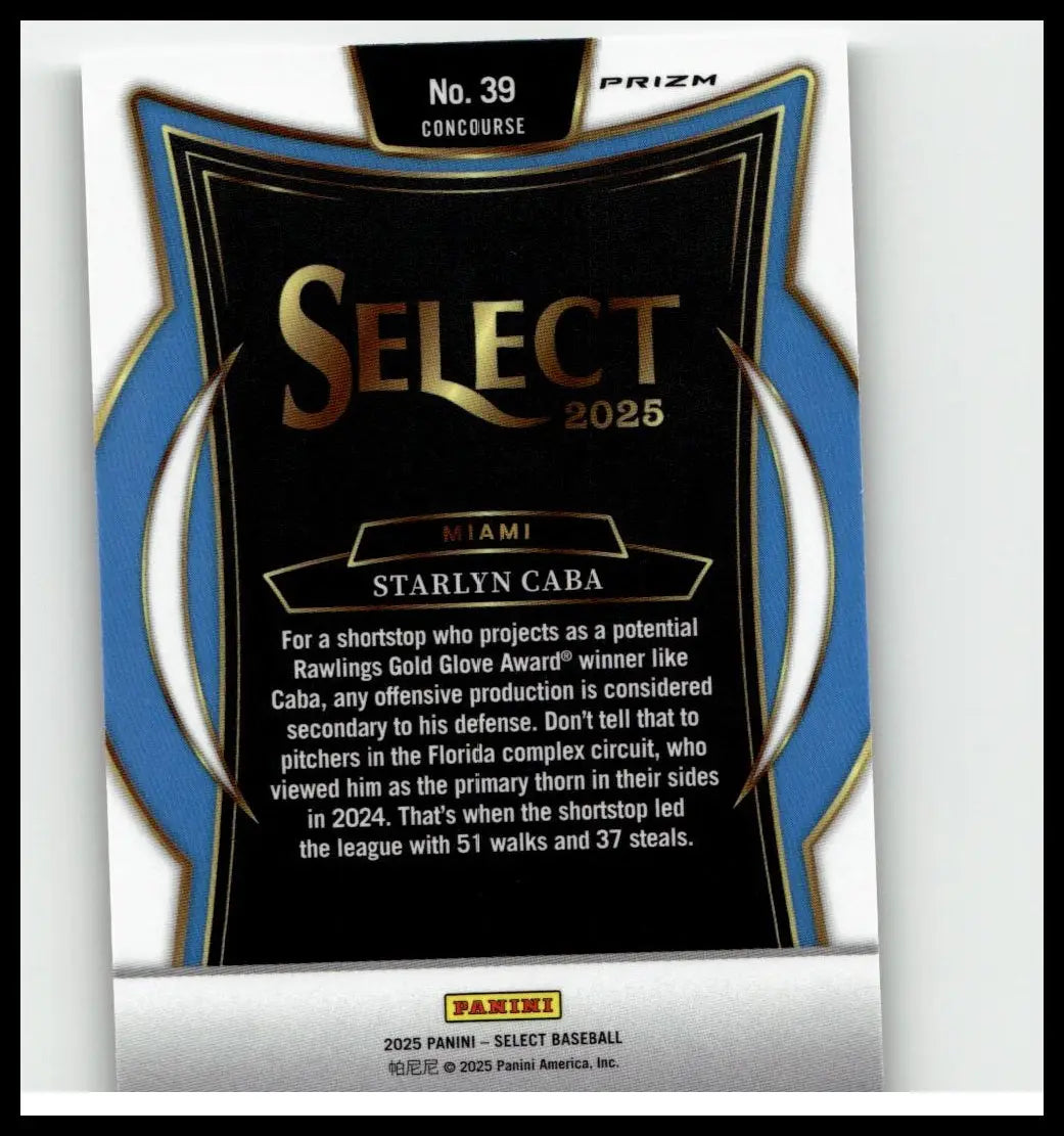 Black and blue prizm select 2025 baseball card featuring starlyn caba silver prizms from miami