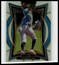 Blue and black 2025 panini select #39 starlyn caba silver prizms baseball trading card in miami uniform
