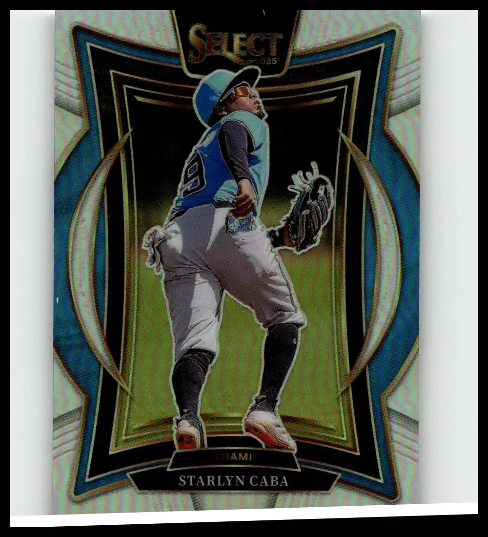 Blue and black 2025 panini select #39 starlyn caba silver prizms baseball trading card in miami uniform