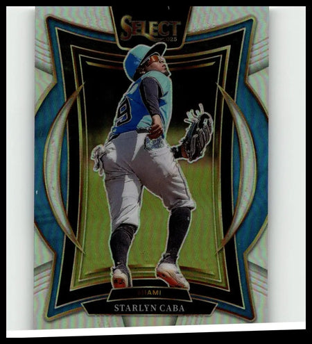 Blue and black 2025 panini select #39 starlyn caba silver prizms baseball trading card in miami uniform