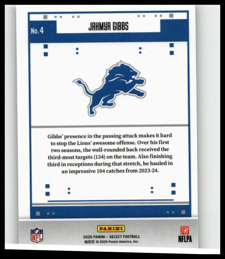 Blue Detroit Lions logo football trading card featuring Jahmyr Gibbs from 2025 Panini Select Score Select Throwback