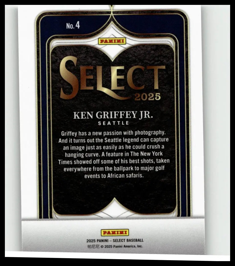 This 2025 panini select #4 baseball trading card features ken griffey jr select numbers in vibrant design