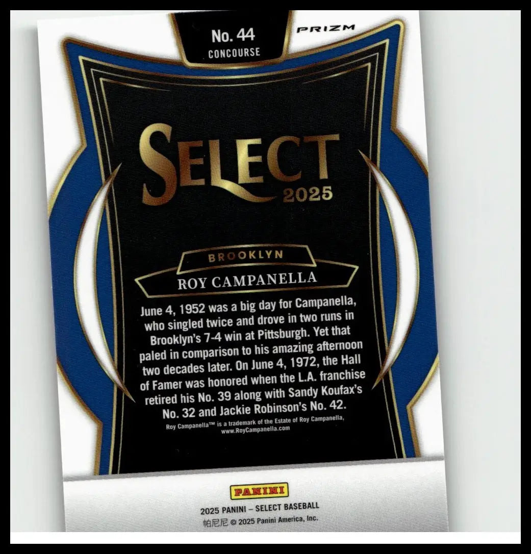 Black and blue prizm select 2025 baseball card featuring roy campanella green flash prizms #44 by panini select