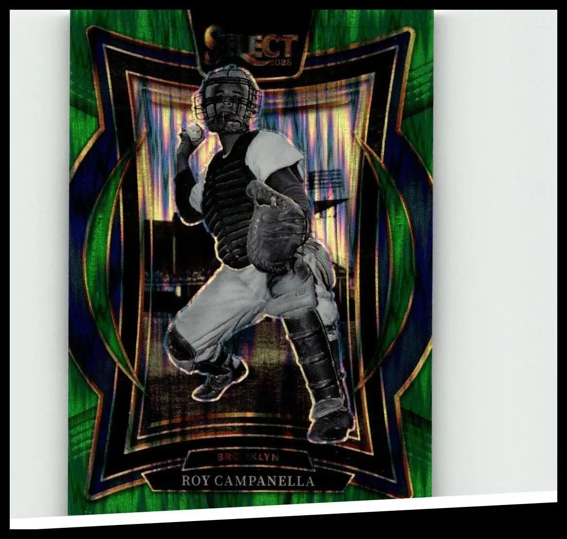 Green and black holographic 2025 panini select #44 roy campanella green flash prizms baseball card featuring campanella in catcher gear