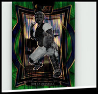 Green and black holographic 2025 panini select #44 roy campanella green flash prizms baseball card featuring campanella in catcher gear